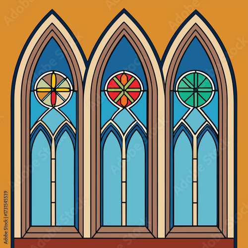 gothic cathedral window arches with stained glass .eps