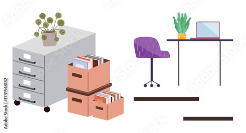 Office desk with a laptop, chair, cabinets, books in boxes, and indoor plants. Ideal for productivity, organization, workspace setup, home office minimalist design office decor simple flat