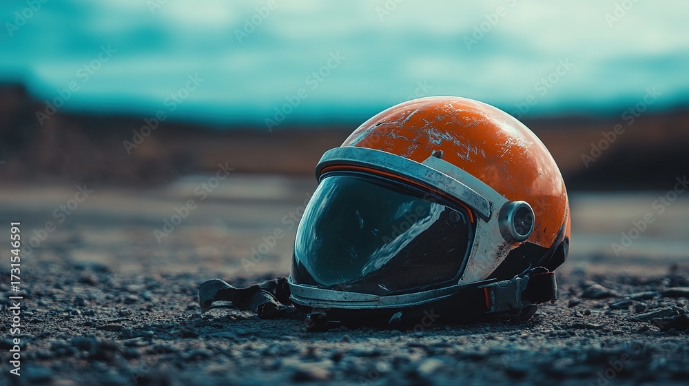Fototapeta premium A close-up of an orange astronaut helmet resting on the ground, featuring a reflective visor and a textured surface, set against a blurred, moody background.