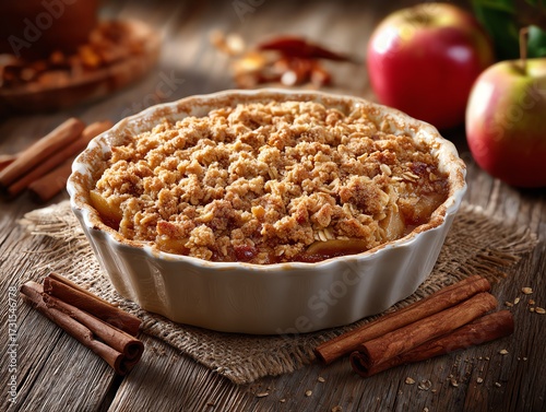 Baked apple crisp dessert with oats and cinnamon, cozy fall baking