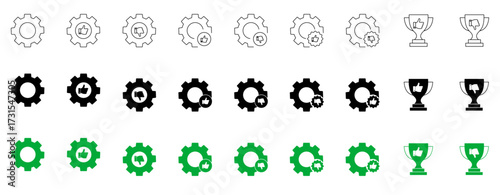 Gear and trophy feedback icon isolated, Settings review symbol, Success appraisal sign, Achievement evaluation symbols, or Opinion rating and quality approval vector illustration