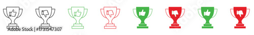 Trophy thumbs up down icon isolated, approval disapproval symbol, review rating signs, or feedback award icons vector illustration