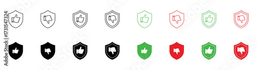 Thumbs up down shield icon isolated, Positive feedback symbol, Negative feedback sign, Quality rating emblem, or Protection guarantee mark vector illustration