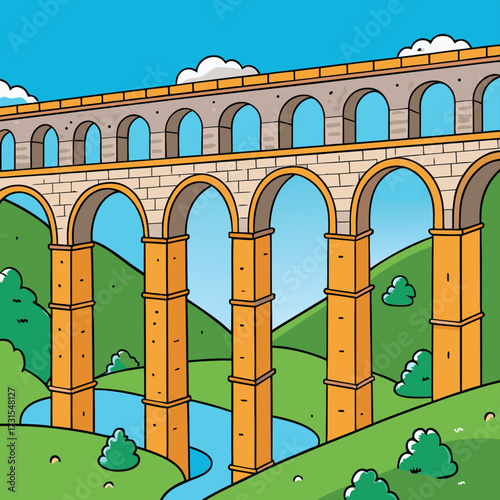 old aqueduct arches spanning valley .eps