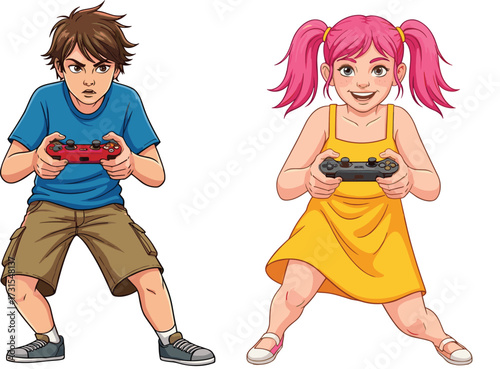 Cartoon boy playing video games, girl gaming with controller, children enjoying fun gaming activity