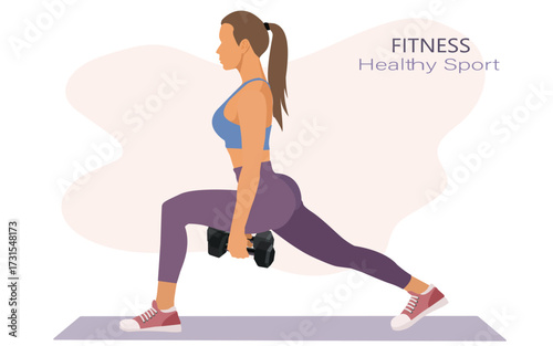 Fitness woman doing lunges exercises for leg muscle workout training. Active girl doing front forward one leg step lunge exercise. vector,illustration