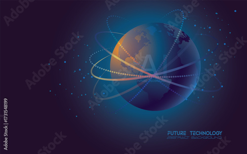 Dark blue vector background. Planet Earth. Abstract technological rings in the orbit of the planet. Global communication system and communication satellites. Religious image.