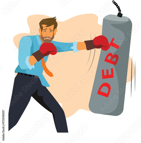 Debt management,  professional businessman wearing boxing gloves fighting and punching with creditor or loaner huge red boxing glove with text Debt.vector,illustration