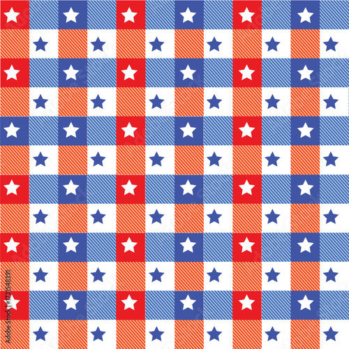 Red, white and blue American checkered stars seamless pattern. For independence day, fourth of July background, posters, fabric and home décor. vector