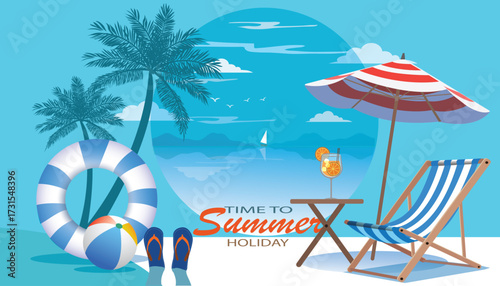 Summer beach vector design.  beach umbrellas , orange juice and chairs. Summer vacation  for beach holiday.vector illustration