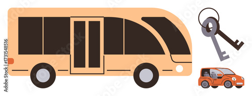 Large orange bus, compact car, and simple key set representing mobility, transit, vehicle access, urban commuting, car sharing, rental services and fleet management. Ideal for transportation topics