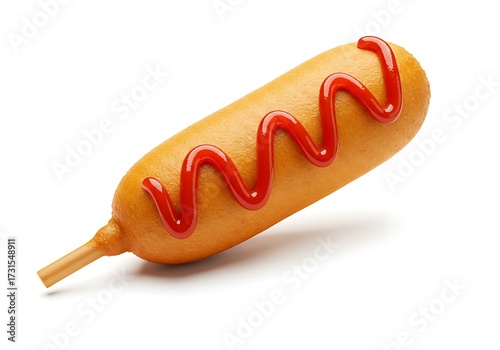 Isolated corn dog with ketchup appetizing food on white background