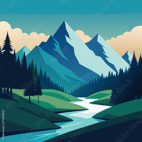 stylized alpine meadow with pine trees  a clear ri (1).eps