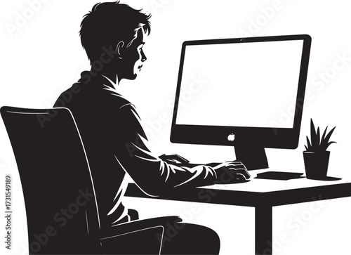 a person working on a computer at a desk Silhouette