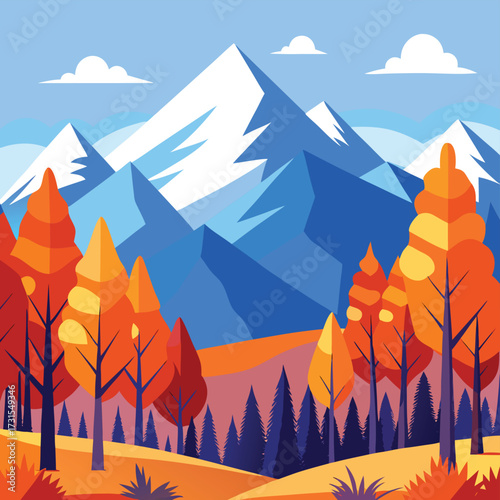 vibrant autumn forest at the foot of snowy mountai.eps