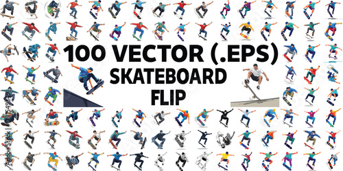 A compilation of 100 vector illustrations depicting various skateboarders performing flip tricks