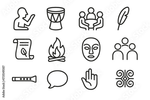 Oral Traditions Icons. Oral traditions. Line outline icon set of oral traditions: storyteller, drum, talking