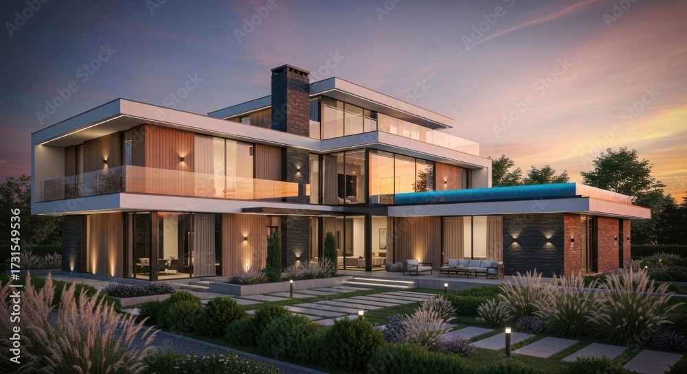 Fototapeta premium Luxurious Modern House at Dusk with Illuminated Facade, Infinity Pool, and Beautifully Landscaped Gardens under a Sunset Sky