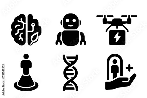 Utopian Tech Icons. Utopian technology. Filled icon set of Utopian technology: AI brain, robot helper, clean
