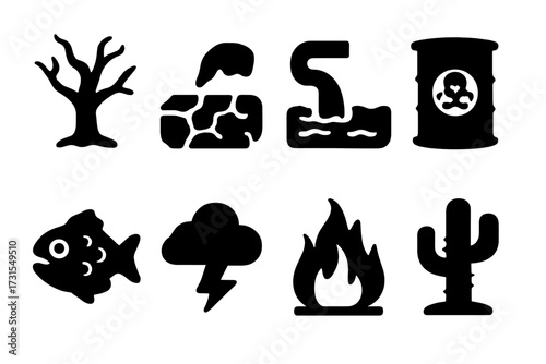 Dystopian Nature Icons. Dystopian nature. Filled icon set of Dystopian nature: dead tree, cracked soil,