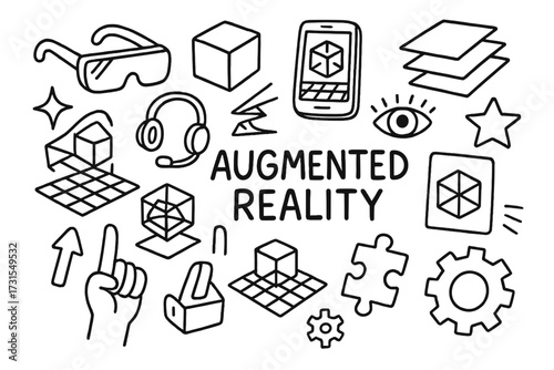 Augmented Reality Doodles. Augmented Reality. Hand-drawn doodle illustration of Augmented Reality. AR glasses,