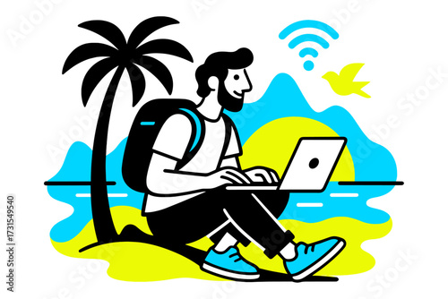 Nomad's Beach Gateway. Nomad Spirit. Freelancer with backpack and laptop working from abstract glowing beach