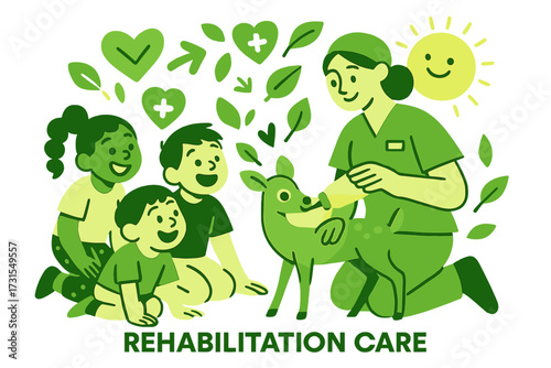 Nurturing Deer Energy. Rehabilitation care. Children watching a nurse feed a small deer with a glowing bottle,