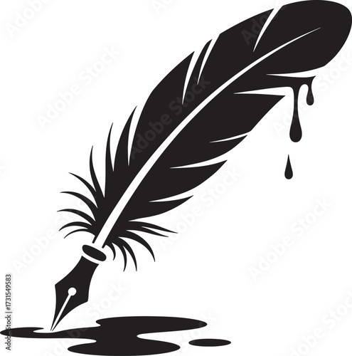 Black feather quill pen dripping ink onto a white background