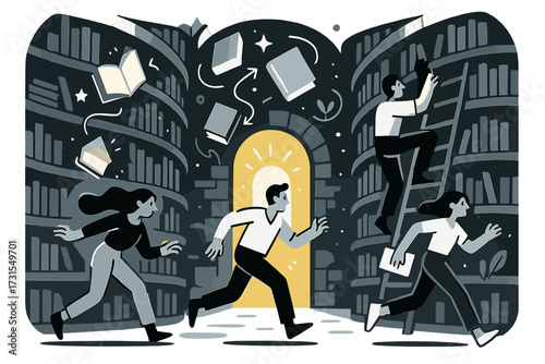 Mystical Library Scene. Ancient library. Towering bookshelves spiraling upward, glowing tomes floating in air.