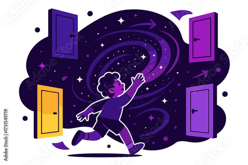 Cosmic Dream Doors. Dream corridor. Floating doors in a cosmic void, each glowing with different colors. A