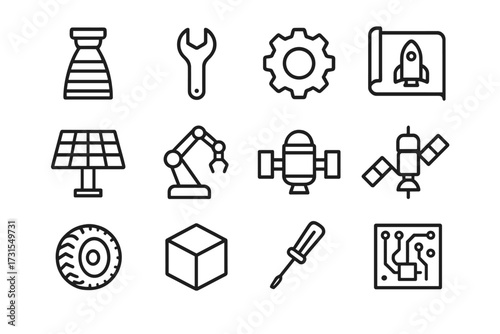 Space Engineering Icons. Space engineering. Line outline icon set of space engineering: rocket engine, wrench,