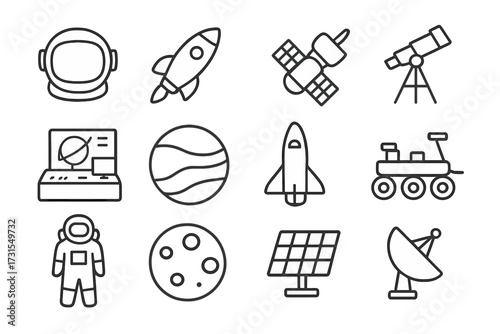 Space Exploration Icons. Space exploration careers. Line outline icon set of space exploration careers: