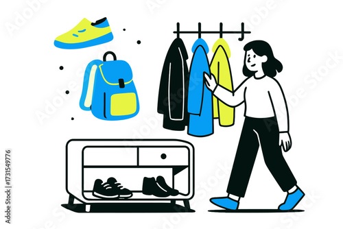 Modern Entryway Vignette. Functional Entryway. Soft-edged console with glowing abstract backpacks and shoes