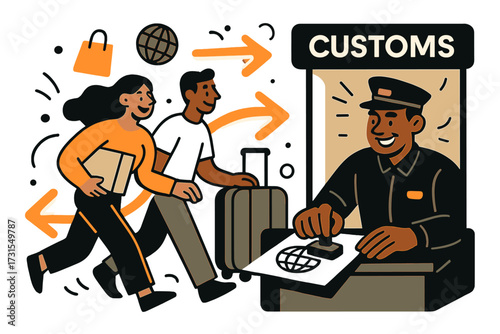 Dynamic Border Control. Customs checkpoint. Border control booth with glowing arrows showing goods moving