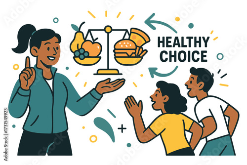 Healthy Choices Showcase. Weight management. Coach showing a glowing balance scale with fruits on one side and