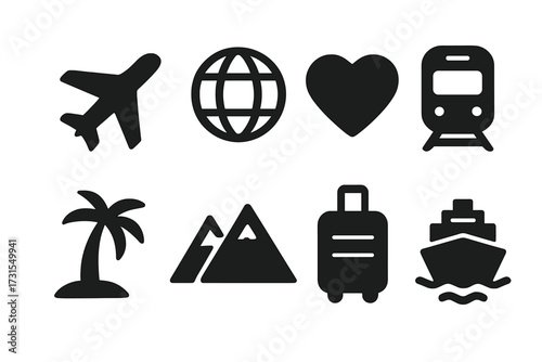 Travel Icons Set. Travel symbols. Filled icon set of Travel symbols: airplane, globe, heart, train, palm tree,