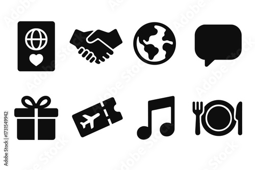 Global Connection Icons. Connection abroad. Filled icon set of Connection abroad: passport with heart,