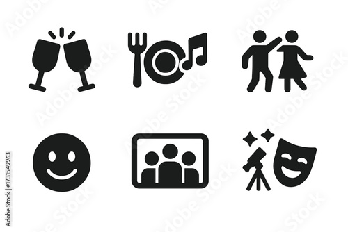 Shared Experiences Icons. Shared experiences. Filled icon set of Shared experiences: clinking glasses, shared