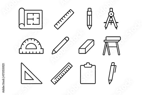 Blueprint Tools Icons. Blueprint tools. Line outline icon set of blueprint tools: rolled blueprint, flat