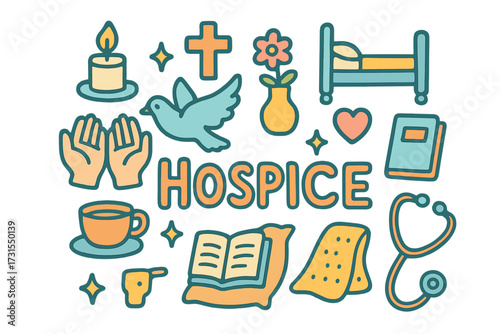 Hospice Symbolic Doodle. Hospice. Hand-drawn doodle illustration of Hospice. Candle, cross symbol, hospital