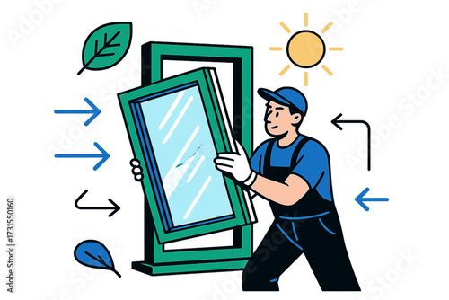 Eco-Friendly Window Installation. Green windows. Worker fitting glowing triple-glass panels into frames, with