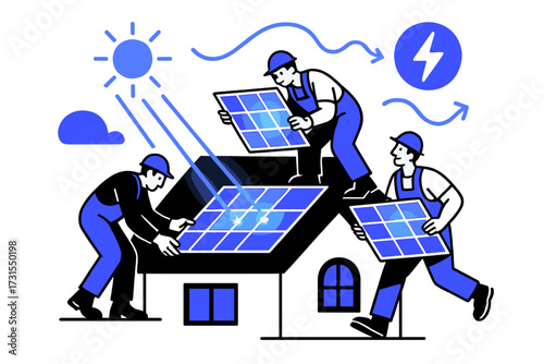 Solar Tile Installation. Solar roofing. Builders installing glowing solar tiles on a rooftop, with radiant