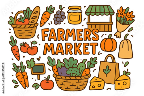 Colorful Farmers Market Doodle. Farmers Market. Hand-drawn doodle illustration of Farmers Market. Basket of