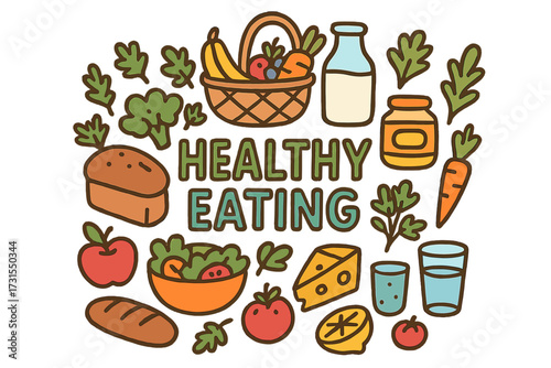 Colorful Healthy Eating Doodles. Healthy Eating. Hand-drawn doodle illustration of Healthy Eating. Basket of
