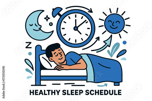 Balanced Sleep Routine. Healthy sleep schedule. Clock glowing above bed with arrows pointing to consistent