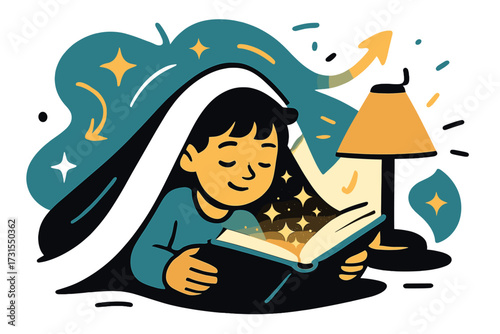 Glowing Storybook Adventure. Reading before sleep. Child reading glowing storybook under blanket with stars