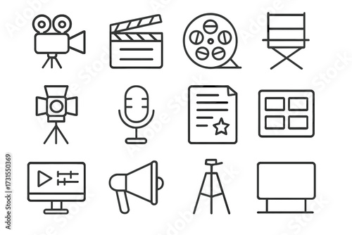 Film Production Icons. Film production. Line outline icon set of film production: movie camera, clapperboard,