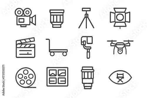 Cinematic Tools Icon Set. Cinematography. Line outline icon set of cinematography: movie camera, lens, tripod,