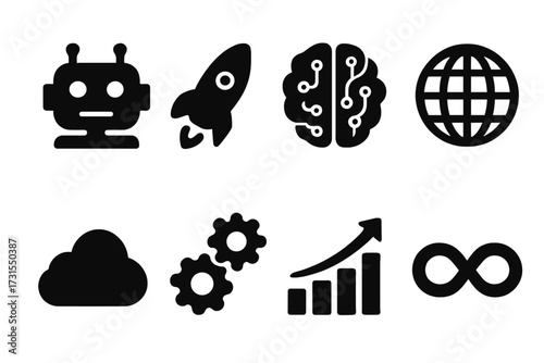 AI Icon Set. Future of AI. Filled icon set of Future of AI: robot, rocket, circuit brain, globe, cloud, gears,