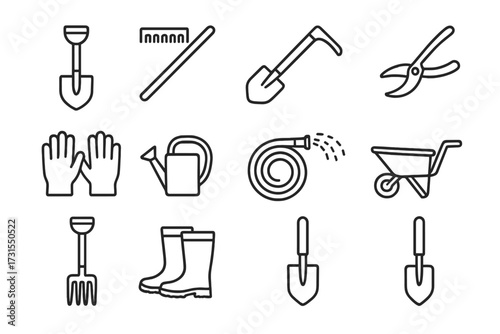 Garden Tools Icons. Garden tools. Line outline icon set of garden tools: shovel, rake, hoe, pruning shears,